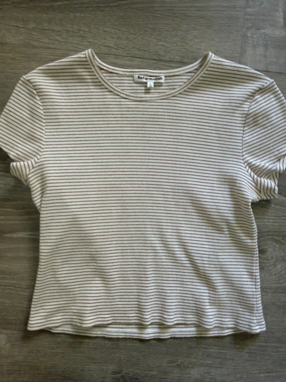 Reformation Short Sleeve Crewneck Tee in Cream and Brown Stripe